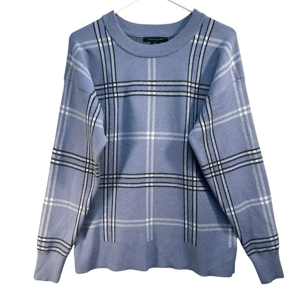 Tahari‎ Blue Plaid Crewneck Sweater Large Windowpane Long Sleeve Knit Top